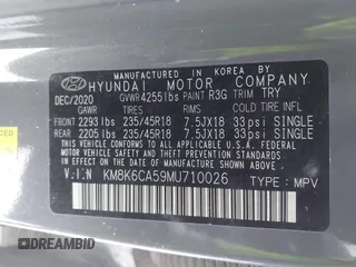 2021 Hyundai Kona Night Edition with VIN KM8K6CA59MU710026, listed as a IAAI auction lot 41266327 with 67,860 mi miles and . Bid and sale history available at DreamBid. Image 9.