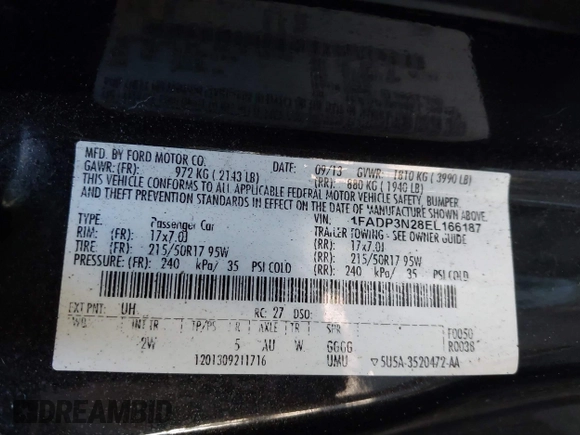 2014 Ford Focus Titanium z VIN 1FADP3N28EL166187, wystawiony jako IAAI lot #42553868 z przebiegiem 189 470 mil mil oraz . Historia ofert i sprzedaży dostępna na DreamBid. Obrazek 9.
