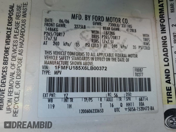 2006 Ford Expedition Eddie Bauer with VIN 1FMFU185X6LB00372, listed as a Copart auction lot 50323385 with 208,233 mi miles and Salvage title. Bid and sale history available at DreamBid. Image 13.