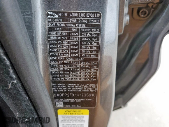 2019 Jaguar E-Pace SE with VIN SADFP2FX1K1Z35910, listed as a Copart auction lot 45399745 with 81,306 mi miles and Salvage Title. Bid and sale history available at DreamBid. Image 13.