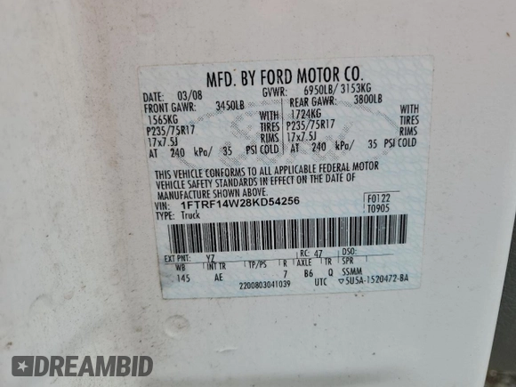 2008 Ford F-150 XL z VIN 1FTRF14W28KD54256, wystawiony jako Copart lot #58759235 z przebiegiem Nie podano mil oraz Czysty tytuł • Clean title. Historia ofert i sprzedaży dostępna na DreamBid. Obrazek 12.
