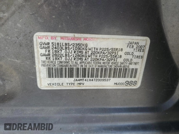2007 Mitsubishi Outlander XLS with VIN JA4MT41X47Z009537, listed as a Copart auction lot 85265634 with 207,350 mi miles and Salvage Title. Bid and sale history available at carsss.com. Image 12.