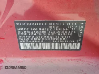 2019 Volkswagen GTI S z VIN 3VW6T7AU0KM019091, wystawiony jako Copart lot #52541425 z przebiegiem 71 517 mil mil oraz Szkoda całkowita • Salvage title. Historia ofert i sprzedaży dostępna na DreamBid. Obrazek 14.