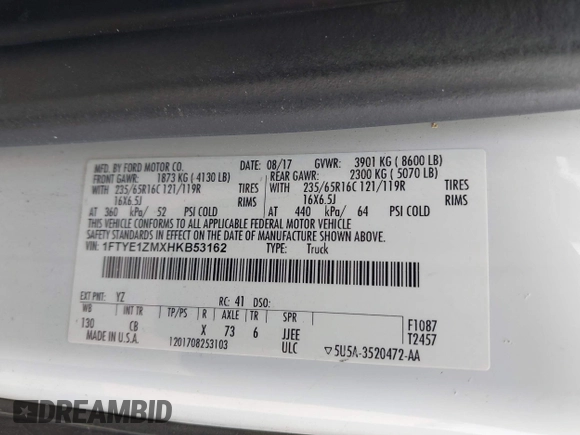2017 Ford Transit с VIN 1FTYE1ZMXHKB53162, выставлен на аукционе IAAI как лот 42413355 с пробегом 146 599 миль миль и . История ставок и продаж доступна на DreamBid. Изображение 9.