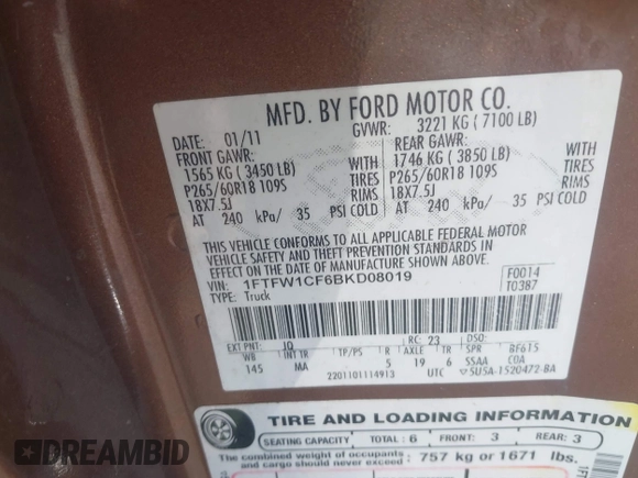 2011 Ford F-150 XL z VIN 1FTFW1CF6BKD08019, wystawiony jako IAAI lot #42622506 z przebiegiem 316 212 mil mil oraz . Historia ofert i sprzedaży dostępna na DreamBid. Obrazek 9.