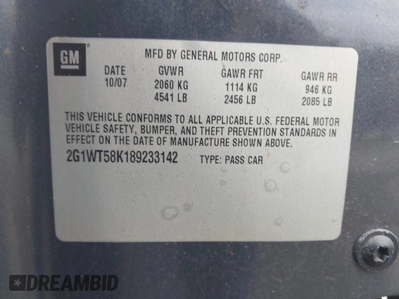 2008 Chevrolet Impala LT with VIN 2G1WT58K189233142, listed as a IAAI auction lot 41996365 with 110,633 mi miles and . Bid and sale history available at DreamBid. Image 9.