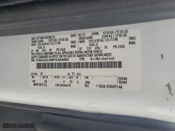 2015 Ford Transit Wagon XL with VIN 1FBAX2CM9FKA64565, listed as a Copart auction lot 52207435 with 186,751 mi miles and Salvage Title. Bid and sale history available at carsss.com. Image 14.
