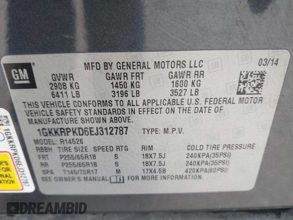 2014 GMC Acadia SLE with VIN 1GKKRPKD6EJ312787, listed as a IAAI auction lot 41209871 with 185,960 mi miles. Bid and sale history available at carsss.com. Image 9.