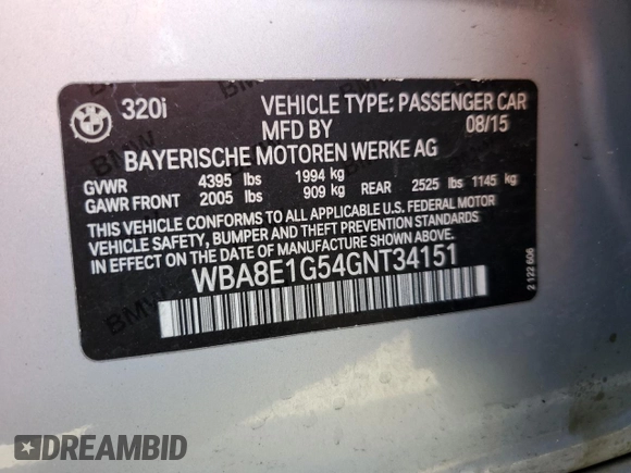 2016 BMW 3 Series 320i with VIN WBA8E1G54GNT34151, listed as a Copart auction lot 45981425 with 101,866 mi miles and Salvage Title. Bid and sale history available at DreamBid. Image 15.
