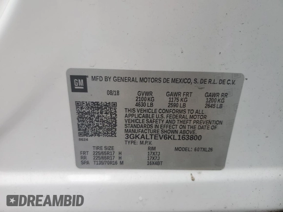 2019 GMC Terrain SLE with VIN 3GKALTEV6KL163800, listed as a Copart auction lot 60887855 with 71,360 mi miles and Salvage title. Bid and sale history available at DreamBid. Image 14.