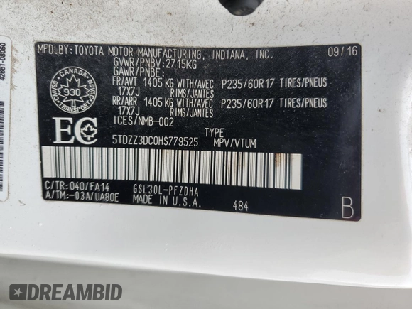 2017 Toyota Sienna L with VIN 5TDZZ3DC0HS779525, listed as a Copart auction lot 52687115 with 372,129 mi miles and Clean Title. Bid and sale history available at DreamBid. Image 13.