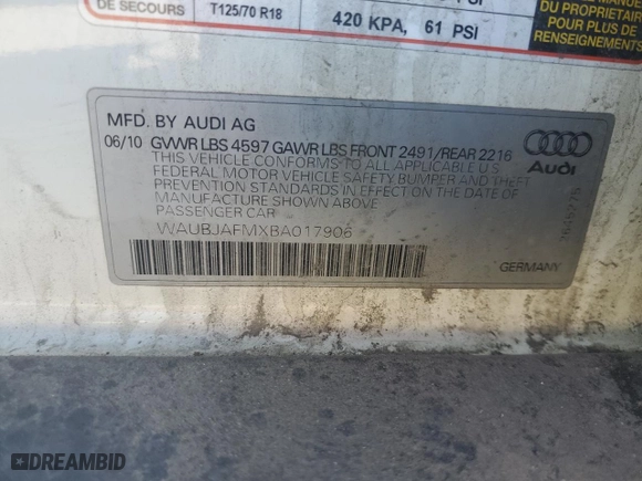 2011 Audi A3 2.0 TDI Premium with VIN WAUBJAFMXBA017906, listed as a Copart auction lot 51302685 with 176,492 mi miles and Salvage Title. Bid and sale history available at carsss.com. Image 13.