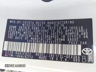 2016 Toyota Corolla L with VIN 5YFBURHEXGP447551, listed as a IAAI auction lot 42316667 with 115,296 mi miles and . Bid and sale history available at DreamBid. Image 9.