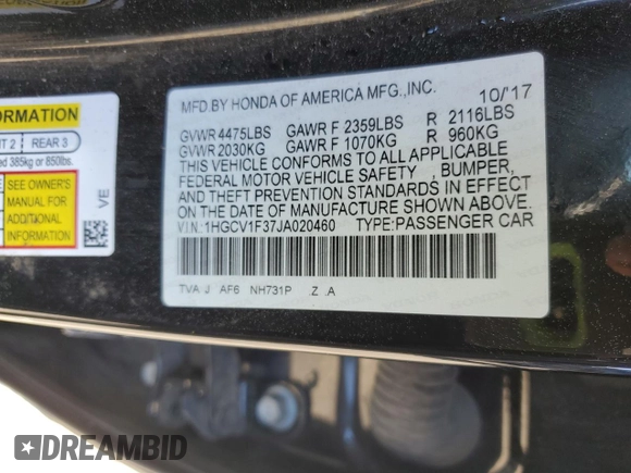2018 Honda Accord Sedan Sport 1.5T with VIN 1HGCV1F37JA020460, listed as a Copart auction lot 49232435 with 163,570 mi miles and Salvage Title. Bid and sale history available at carsss.com. Image 12.