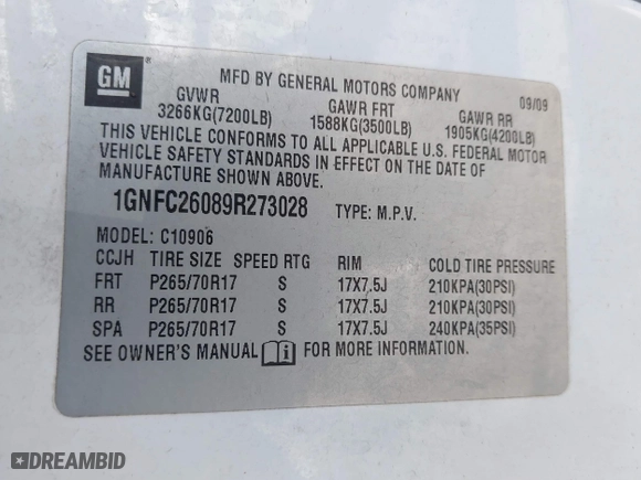 2009 Chevrolet Suburban LT w/2LT with VIN 1GNFC26089R273028, listed as a IAAI auction lot 41669345 with 244,869 mi miles. Bid and sale history available at carsss.com. Image 9.