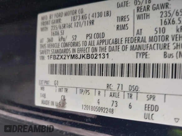 2018 Ford Transit Passenger XL с VIN 1FBZX2YM8JKB02131, выставлен на аукционе IAAI как лот 41794951 с пробегом 70 267 миль миль и . История ставок и продаж доступна на DreamBid. Изображение 9.