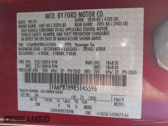 2024 Ford Mustang EcoBoost with VIN 1FA6P8TH9R5145596, listed as a IAAI auction lot 41703151 with 5,912 mi miles. Bid and sale history available at carsss.com. Image 9.