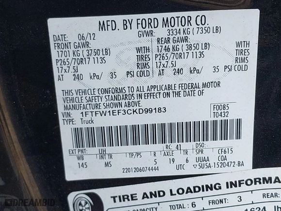 2012 Ford F-150 XL with VIN 1FTFW1EF3CKD99183, listed as a IAAI auction lot 41956441 with 98,506 mi miles. Bid and sale history available at carsss.com. Image 9.