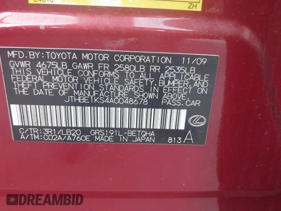 2010 Lexus GS 350 with VIN JTHBE1KS4A0048678, listed as a IAAI auction lot 41917589 with Not Provided miles and . Bid and sale history available at carsss.com. Image 9.