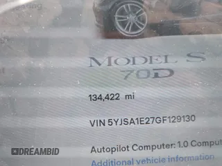 2016 Tesla Model S 90D with VIN 5YJSA1E27GF129130, listed as a IAAI auction lot 41922227 with 134,422 mi miles and . Bid and sale history available at DreamBid. Image 16.