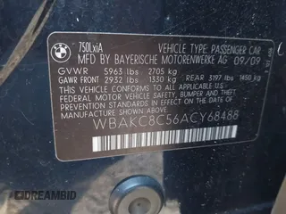 2010 BMW 7 Series 750Li xDrive with VIN WBAKC8C56ACY68488, listed as a IAAI auction lot 41428656 with 140,014 mi miles and . Bid and sale history available at DreamBid. Image 9.