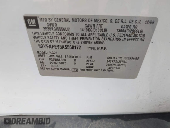 2010 Cadillac SRX Premium Collection with VIN 3GYFNFEY8AS560172, listed as a IAAI auction lot 42109047 with 161,684 mi miles. Bid and sale history available at carsss.com. Image 9.
