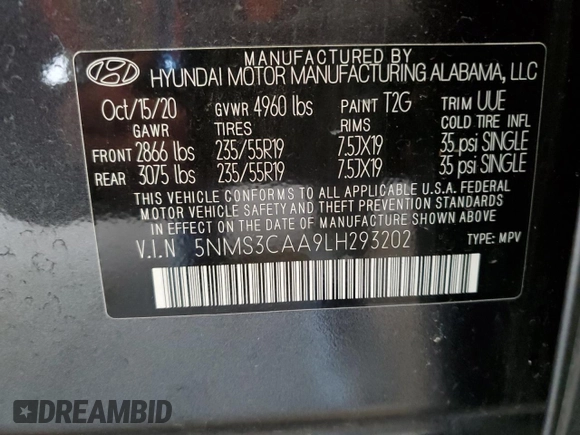 2020 Hyundai Santa Fe SEL with VIN 5NMS3CAA9LH293202, listed as a Copart auction lot 72715452 with 33,881 mi miles. Bid and sale history available at carsss.com. Image 13.