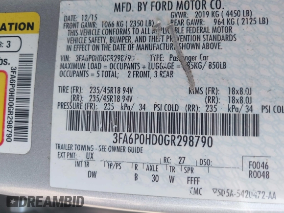 2016 Ford Fusion SE with VIN 3FA6P0HD0GR298790, listed as a IAAI auction lot 42394183 with 180,570 mi miles and . Bid and sale history available at DreamBid. Image 9.
