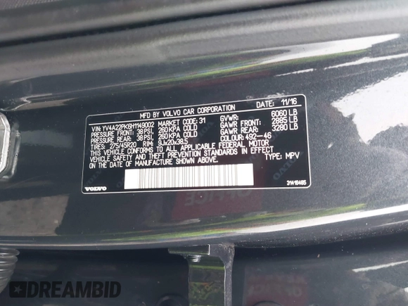 2017 Volvo XC90 Momentum with VIN YV4A22PK6H1149002, listed as a IAAI auction lot 41405845 with 105,292 mi miles. Bid and sale history available at carsss.com. Image 9.