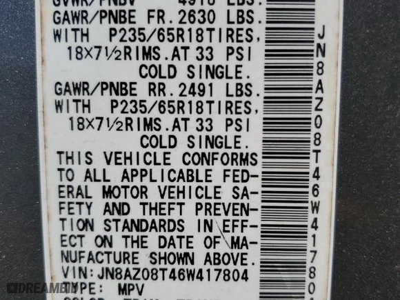 2006 Nissan Murano S with VIN JN8AZ08T46W417804, listed as a Copart auction lot 73478604 with 183,573 mi miles and Salvage Title. Bid and sale history available at carsss.com. Image 13.