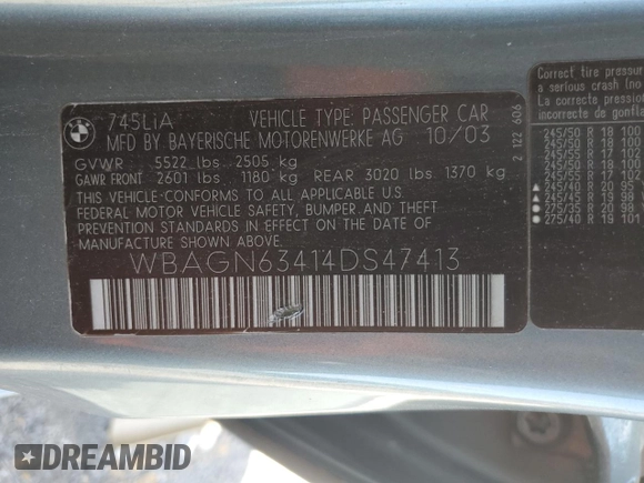 2004 BMW 7 Series 745Li with VIN WBAGN63414DS47413, listed as a Copart auction lot 62835195 with 118,457 mi miles and Clean title. Bid and sale history available at DreamBid. Image 12.