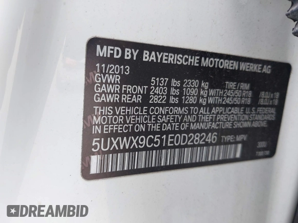 2014 BMW X3 xDrive28i with VIN 5UXWX9C51E0D28246, listed as a IAAI auction lot 41901264 with 177,651 mi miles and . Bid and sale history available at DreamBid. Image 9.