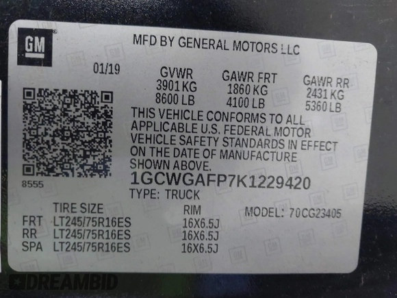 2019 Chevrolet Express Cargo z VIN 1GCWGAFP7K1229420, wystawiony jako IAAI lot #42410963 z przebiegiem Nie podano mil oraz . Historia ofert i sprzedaży dostępna na DreamBid. Obrazek 9.