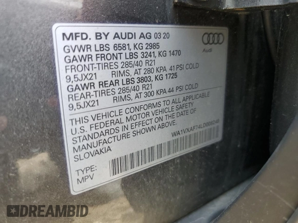2020 Audi Q7 Prestige with VIN WA1VXAF74LD008248, listed as a Copart auction lot 62575575 with 108,279 mi miles and Clean title. Bid and sale history available at DreamBid. Image 13.