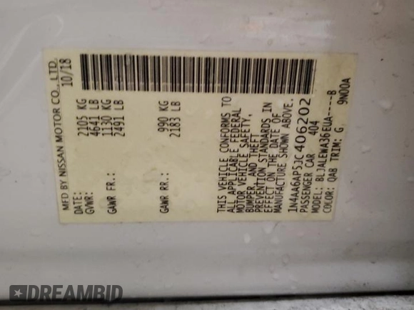 2018 Nissan Maxima SV with VIN 1N4AA6AP5JC406202, listed as a Copart auction lot 62364805 with 41,466 mi miles and Salvage title. Bid and sale history available at DreamBid. Image 12.