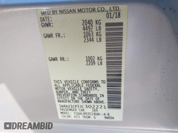 2018 Nissan LEAF SL with VIN 1N4AZ1CP3JC302221, listed as a IAAI auction lot 41506345 with 43,420 mi miles and . Bid and sale history available at DreamBid. Image 9.
