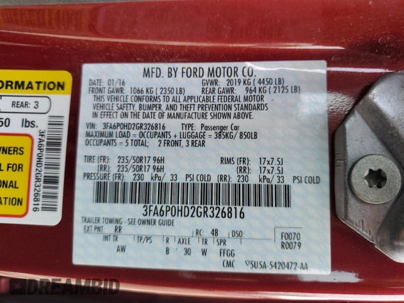 2016 Ford Fusion SE with VIN 3FA6P0HD2GR326816, listed as a Copart auction lot 55763555 with 73,333 mi miles and Clean title. Bid and sale history available at DreamBid. Image 12.