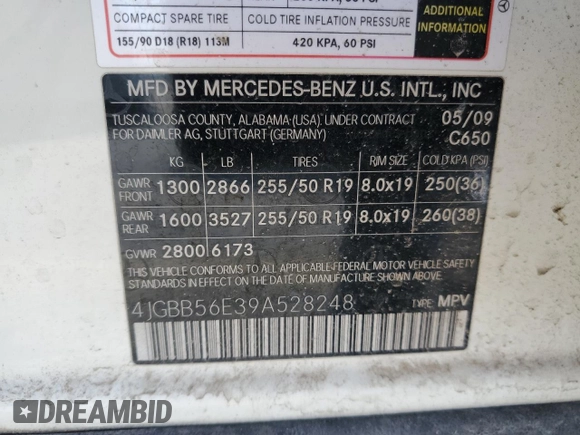 2009 Mercedes-Benz M 3.5L with VIN 4JGBB56E39A528248, listed as a Copart auction lot 51849345 with 160,169 mi miles and Salvage Title. Bid and sale history available at carsss.com. Image 15.