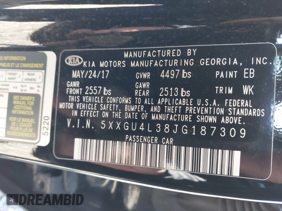 2018 Kia Optima EX with VIN 5XXGU4L38JG187309, listed as a IAAI auction lot 42017183 with 82,426 mi miles and . Bid and sale history available at carsss.com. Image 9.