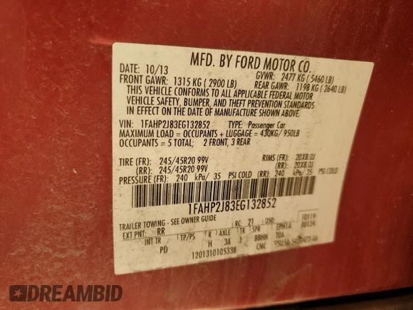 2014 Ford Taurus Limited с VIN 1FAHP2J83EG132852, выставлен на аукционе Copart как лот 46183505 с пробегом 66 479 миль миль и Списание • Salvage title. История ставок и продаж доступна на DreamBid. Изображение 12.