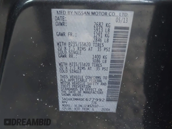 2013 Nissan Pathfinder SV with VIN 5N1AR2MM4DC677992, listed as a IAAI auction lot 42055683 with 195,113 mi miles and . Bid and sale history available at DreamBid. Image 9.