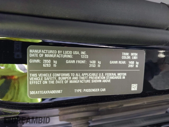 2024 Lucid Air Touring z VIN 50EA1TEAXRA005987, wystawiony jako IAAI lot #42294088 z przebiegiem Nie podano mil oraz . Historia ofert i sprzedaży dostępna na DreamBid. Obrazek 9.