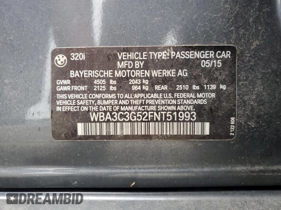 2015 BMW 3 Series 320i xDrive with VIN WBA3C3G52FNT51993, listed as a Copart auction lot 55509295 with 80,320 mi miles and Salvage title. Bid and sale history available at DreamBid. Image 12.