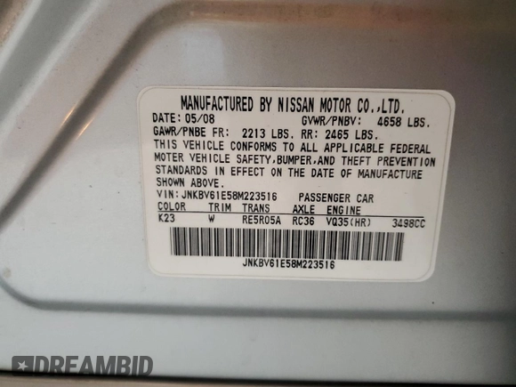 2008 Infiniti G35 Journey with VIN JNKBV61E58M223516, listed as a Copart auction lot 63748745 with 259,635 mi miles and Salvage title. Bid and sale history available at DreamBid. Image 13.
