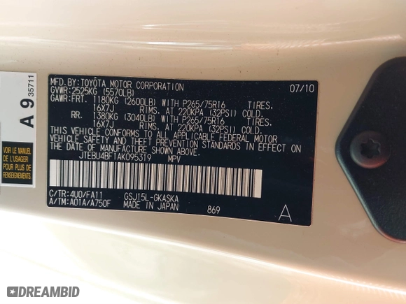 2010 Toyota FJ Cruiser with VIN JTEBU4BF1AK095319, listed as a IAAI auction lot 41721065 with 126,262 mi miles. Bid and sale history available at carsss.com. Image 9.