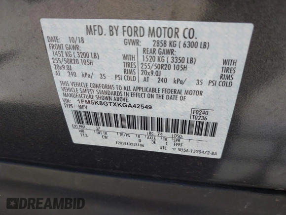 2019 Ford Explorer Sport with VIN 1FM5K8GTXKGA42549, listed as a IAAI auction lot 41548999 with 117,613 mi miles and . Bid and sale history available at carsss.com. Image 9.