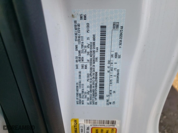 2022 Ford Ranger XL with VIN 1FTER1FH8NLD50996, listed as a Copart auction lot 59940184 with 34,684 mi miles and Salvage Title. Bid and sale history available at carsss.com. Image 12.