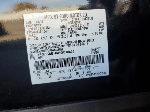 2017 Ford Explorer with VIN 1FM5K8BH8HGC18638, listed as a Copart auction lot 78021264 with 101,318 mi miles and Salvage Title. Bid and sale history available at carsss.com. Image 15.