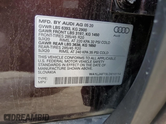 2020 Audi Q7 Premium Plus with VIN WA1LJAF73LD010114, listed as a Copart auction lot 74204703 with Not provided miles and . Bid and sale history available at DreamBid. Image 15.