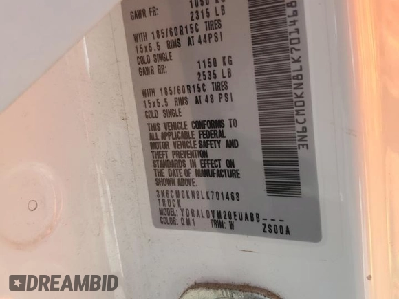 2020 Nissan NV200 S with VIN 3N6CM0KN8LK701468, listed as a Copart auction lot 61922955 with Not provided miles and Salvage title. Bid and sale history available at DreamBid. Image 14.